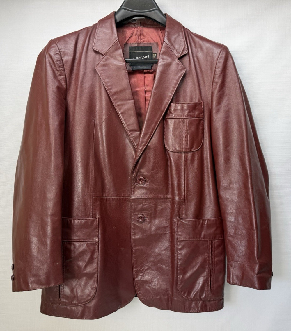 Vintage JC PENNEY Mens 42 Reg Cherry Brown Leather Blazer Jacket Lined
